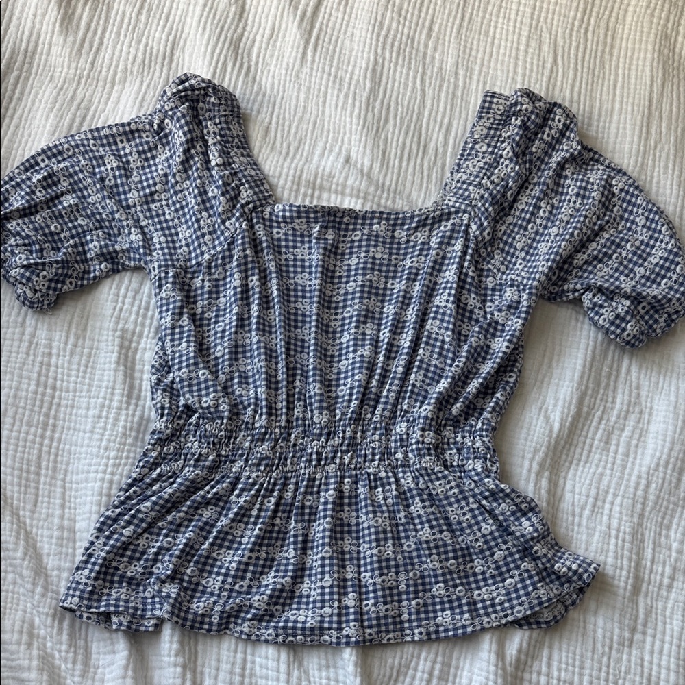 Checkered Blue & White Flowy Top